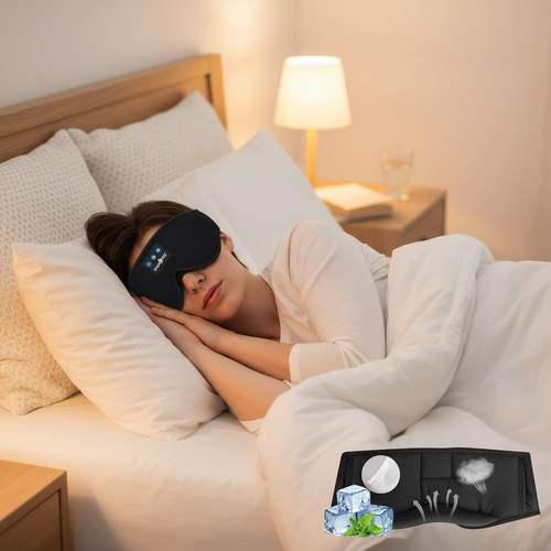 Person sleeping peacefully wearing MUSICOZY Bluetooth sleep mask